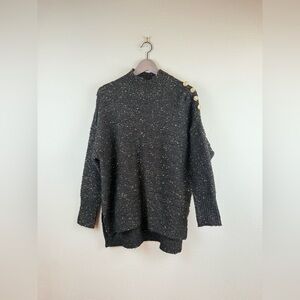 Tahari Knit Black Gold Metallic Flecks Buttons Shoulder Long Sweater Size M NWT